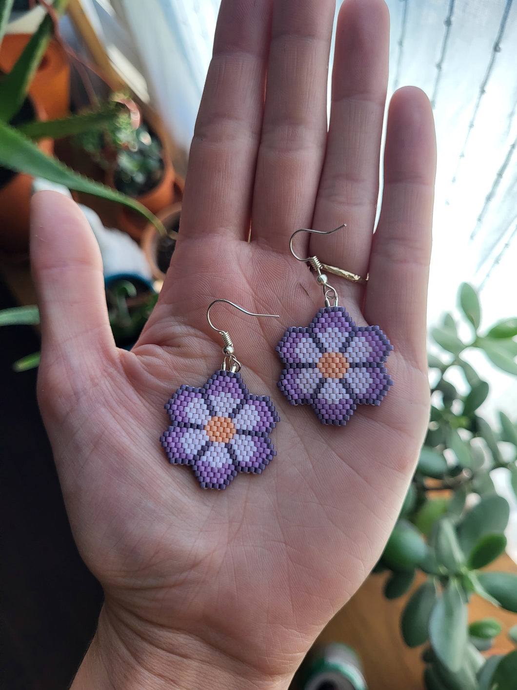 Beaded Flower Earrings - Violet