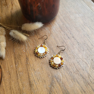 White Shell Earrings - Amber Yellow Agate