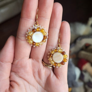 White Shell Earrings - Amber Yellow Agate