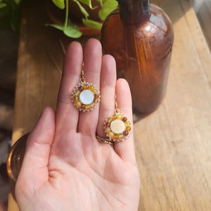 White Shell Earrings - Amber Yellow Agate