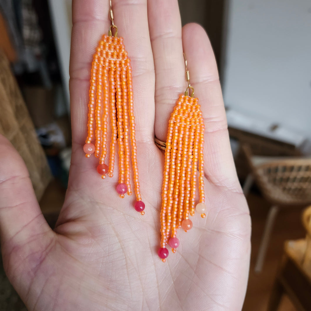 Bright orange and pink fringe earrings