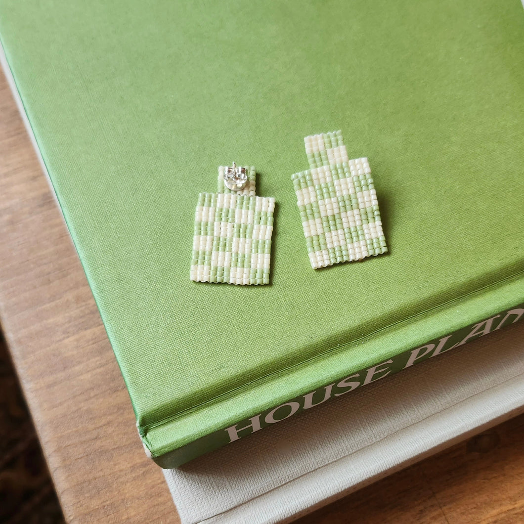 Checkered Stud Earrings - Green and Beige