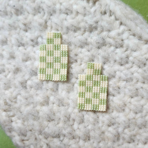 Checkered Stud Earrings - Green and Beige