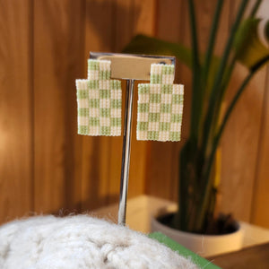 Checkered Stud Earrings - Green and Beige