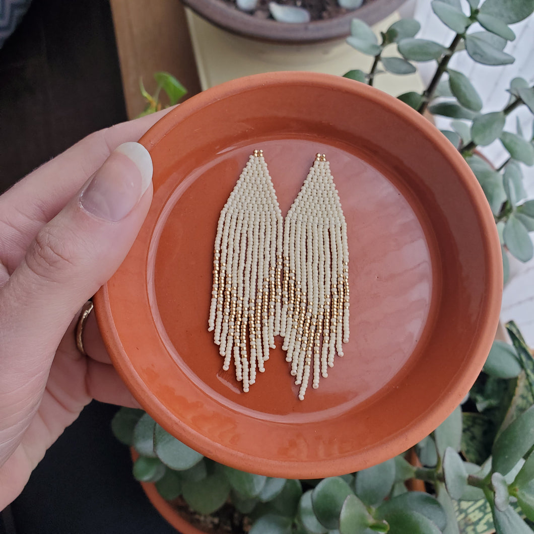 Dark Cream and Gold Beaded Fringe Earrings