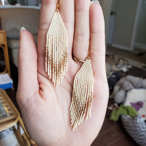 Dark Cream and Gold Beaded Fringe Earrings