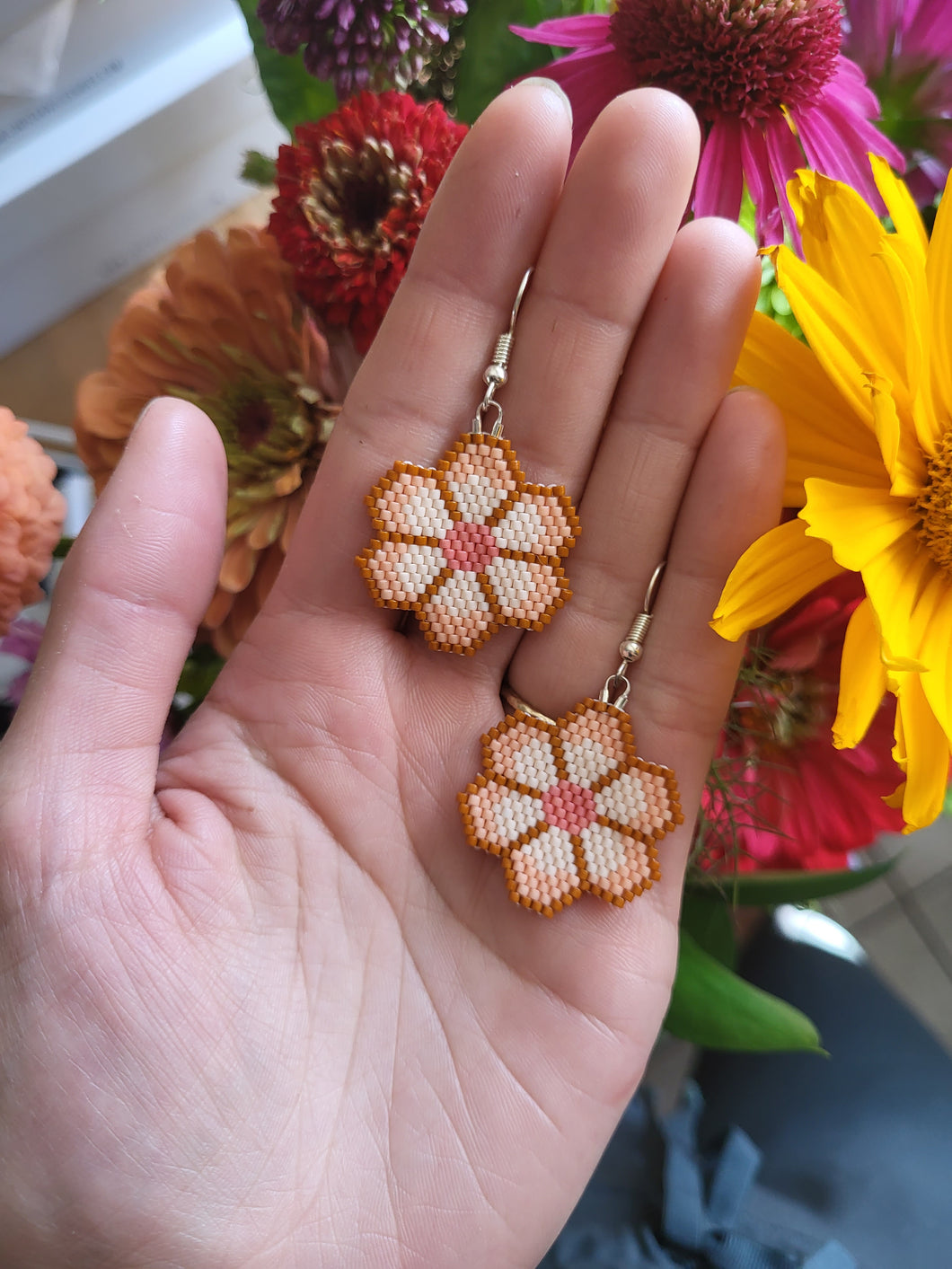 Beaded Flower Earrings - Peach