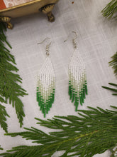 Load image into Gallery viewer, Green and White Beaded Fringe Earrings
