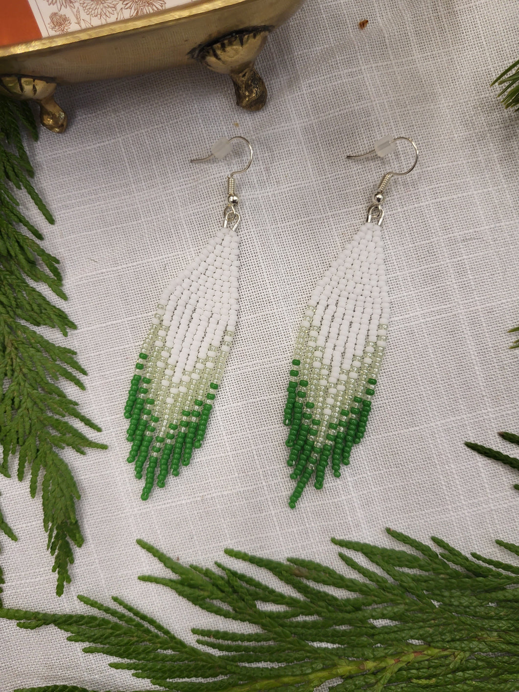 Green and White Beaded Fringe Earrings