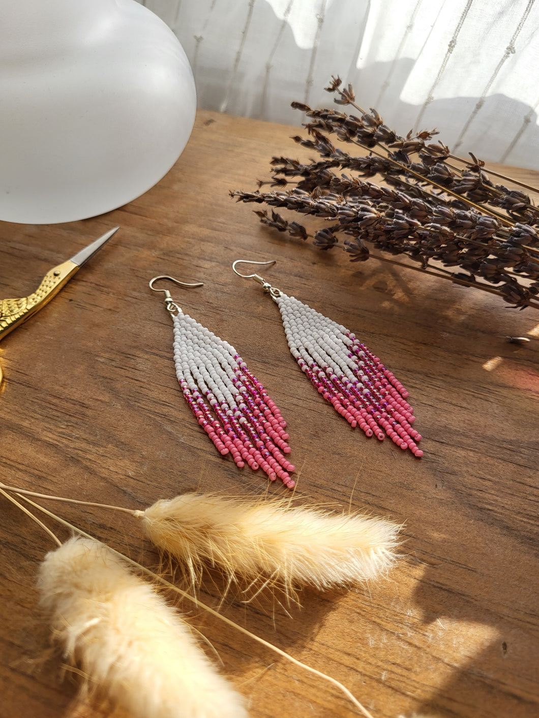 Pink and white beaded fringe earrings