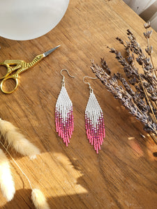 Pink and white beaded fringe earrings