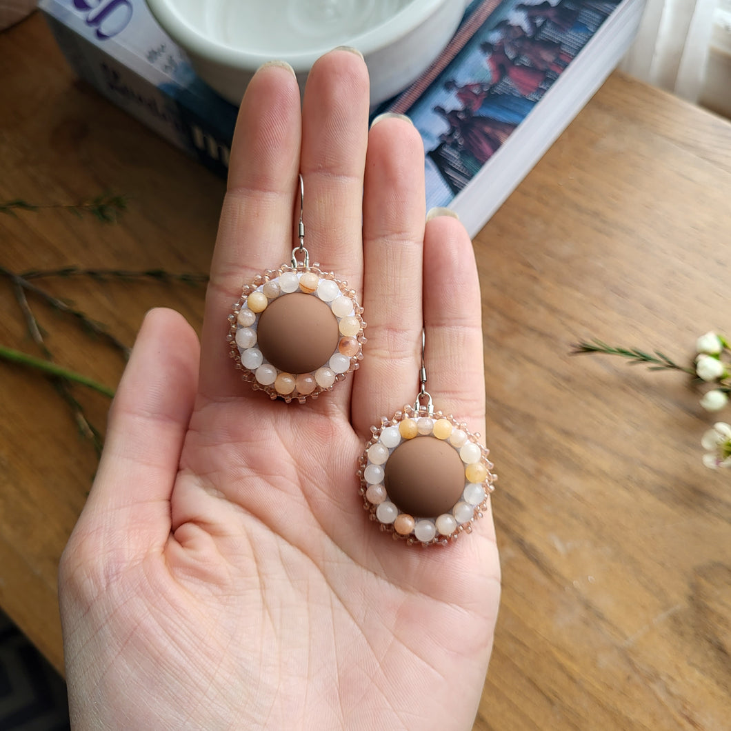 Brown Flat Stitch Beaded Earrings