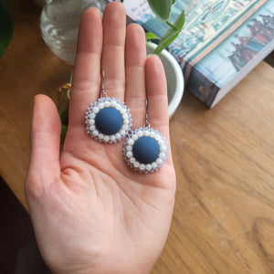 Flat Stitch Blue and White Earrings